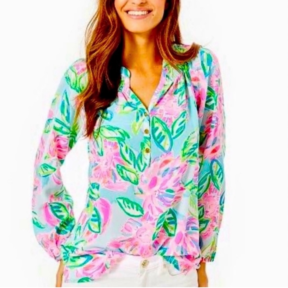 LILLY PULITZER ELSA TOP in MULTI TOTALLY BLOSSOM PRINT, Sz S •NEW WITH TAGS•